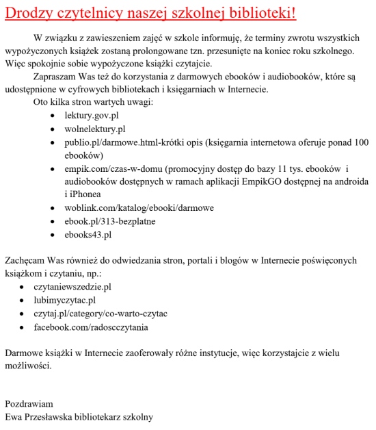 Komunikat z biblioteki